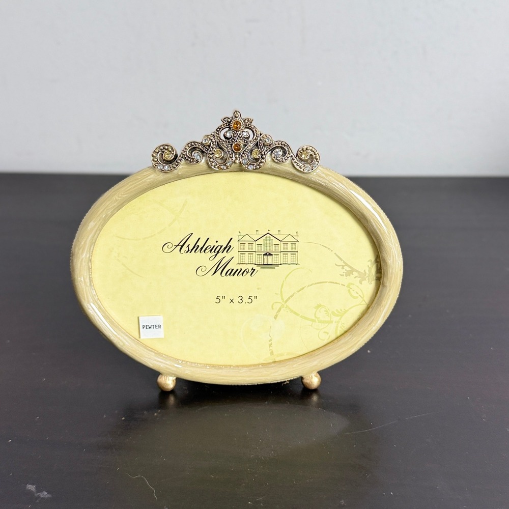 Ashleigh Manor Boudoir Pewter Oval Picture Frame Jeweled Taupe Enamel 5x3.5